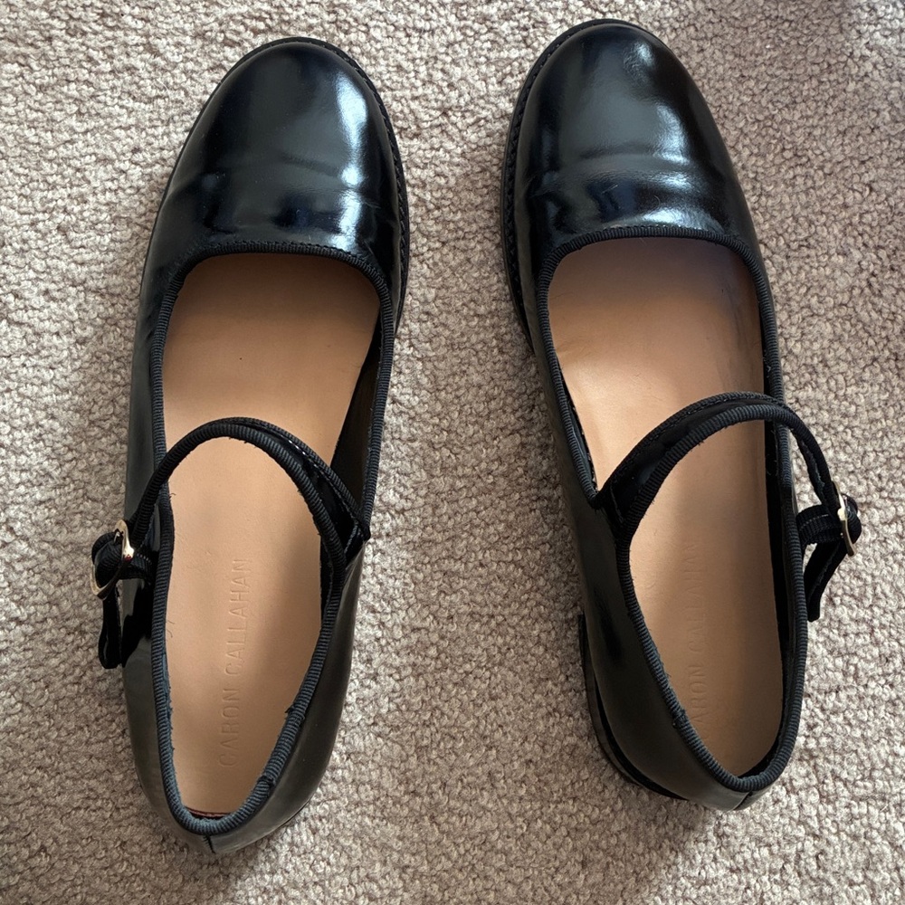 Black Mary Jane Flats by Caron Callahan, made in Spain, brass buckle. Size 37.5!